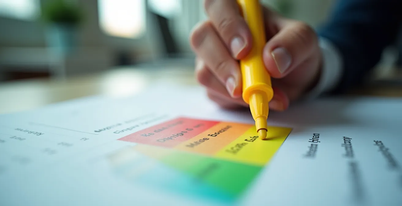 Vue macro d'une main utilisant un surligneur sur une matrice colorée d'évaluation des risques