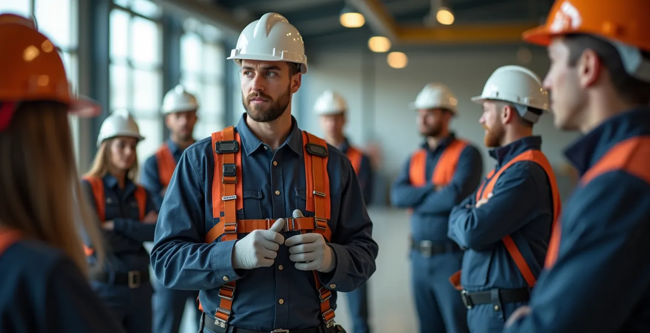 Un animateur montrant un équipement de sécurité à un groupe de travailleurs attentifs en cercle