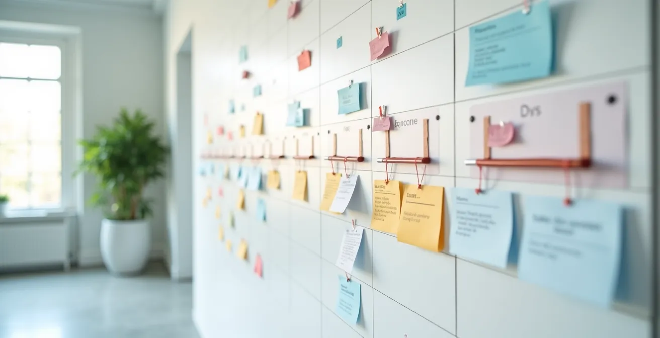 Vue environnementale d'un espace de planification avec calendrier mural et indicateurs colorés de priorités sécurité