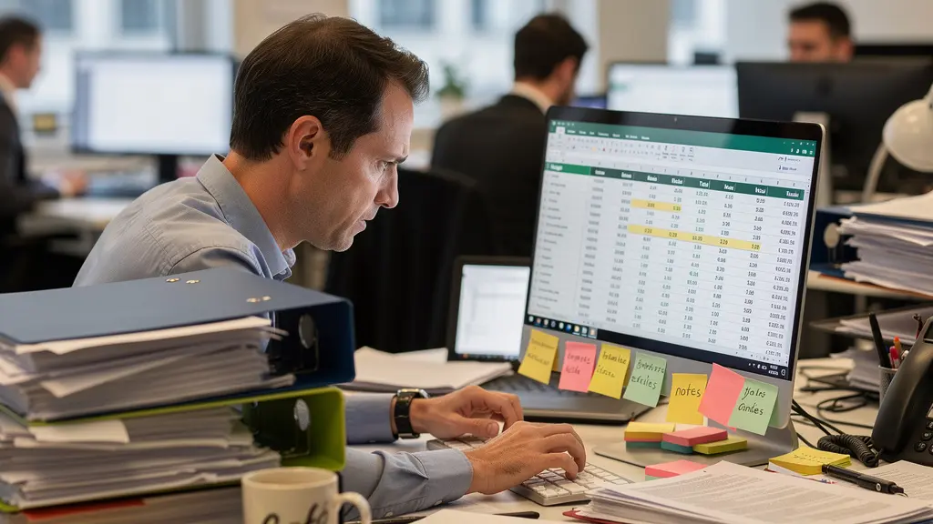 Responsable formation submergé par dossiers et post-its au bureau