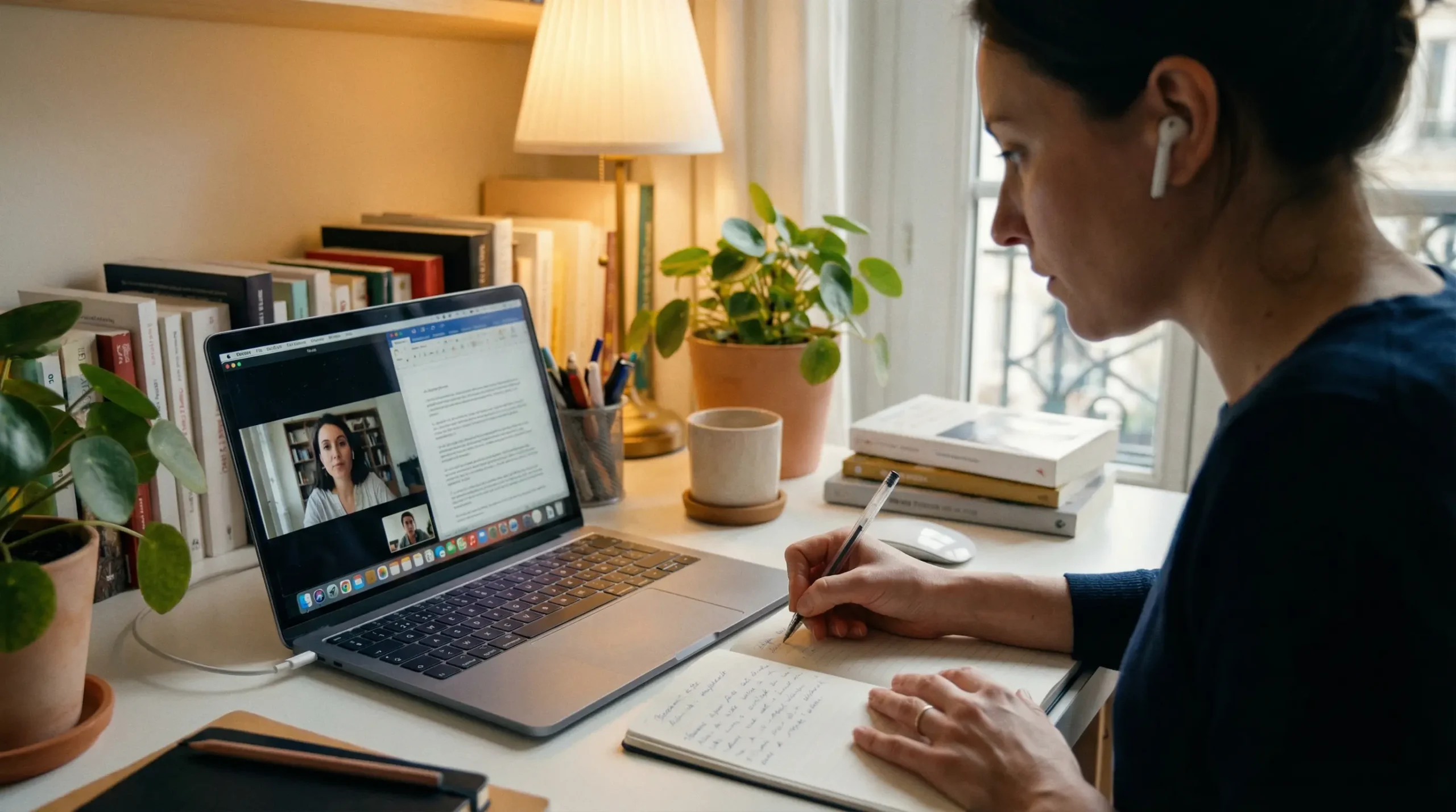 Personne suivant une formation IA en ligne avec écouteurs dans espace cosy
