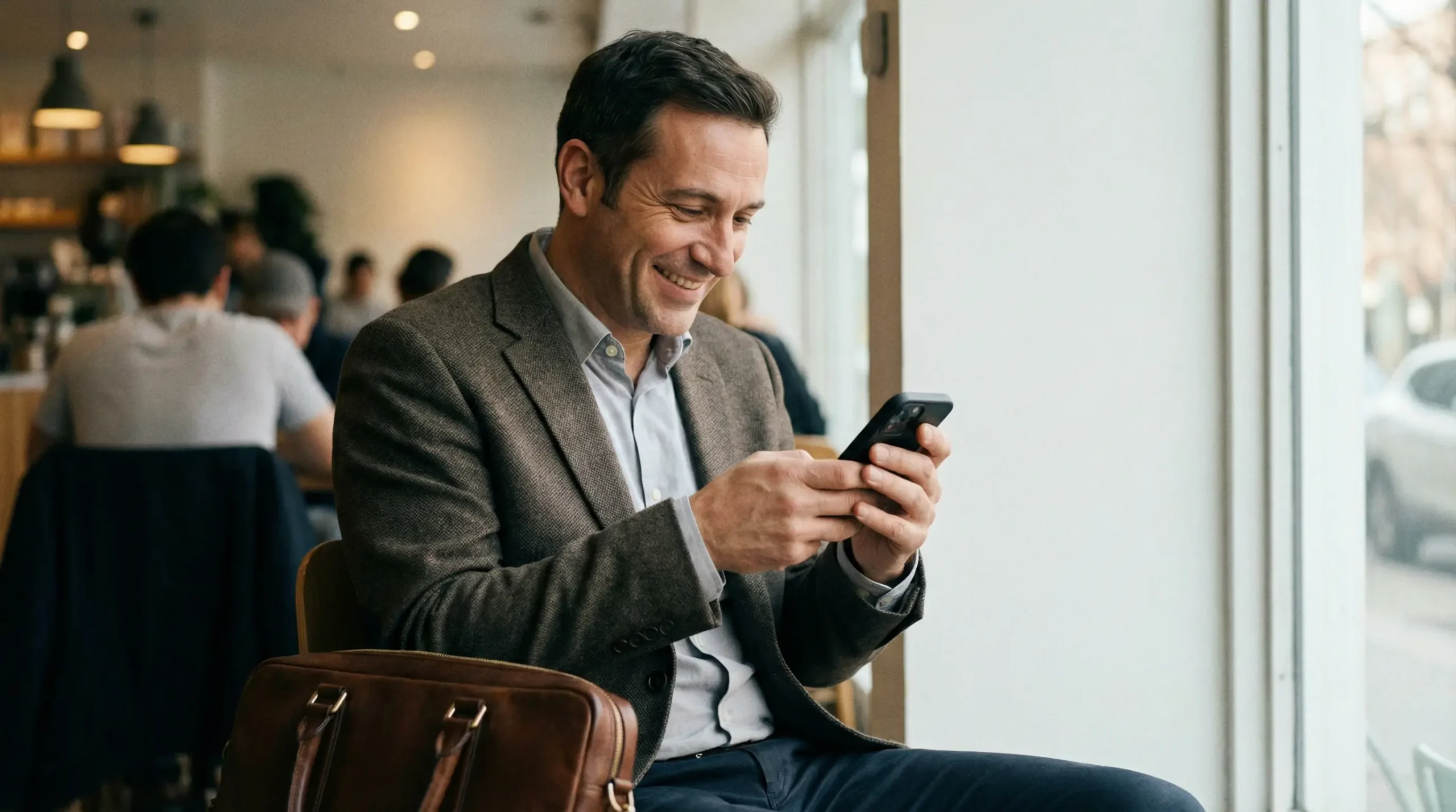 Commercial consultant assistant IA sur smartphone dans café moderne