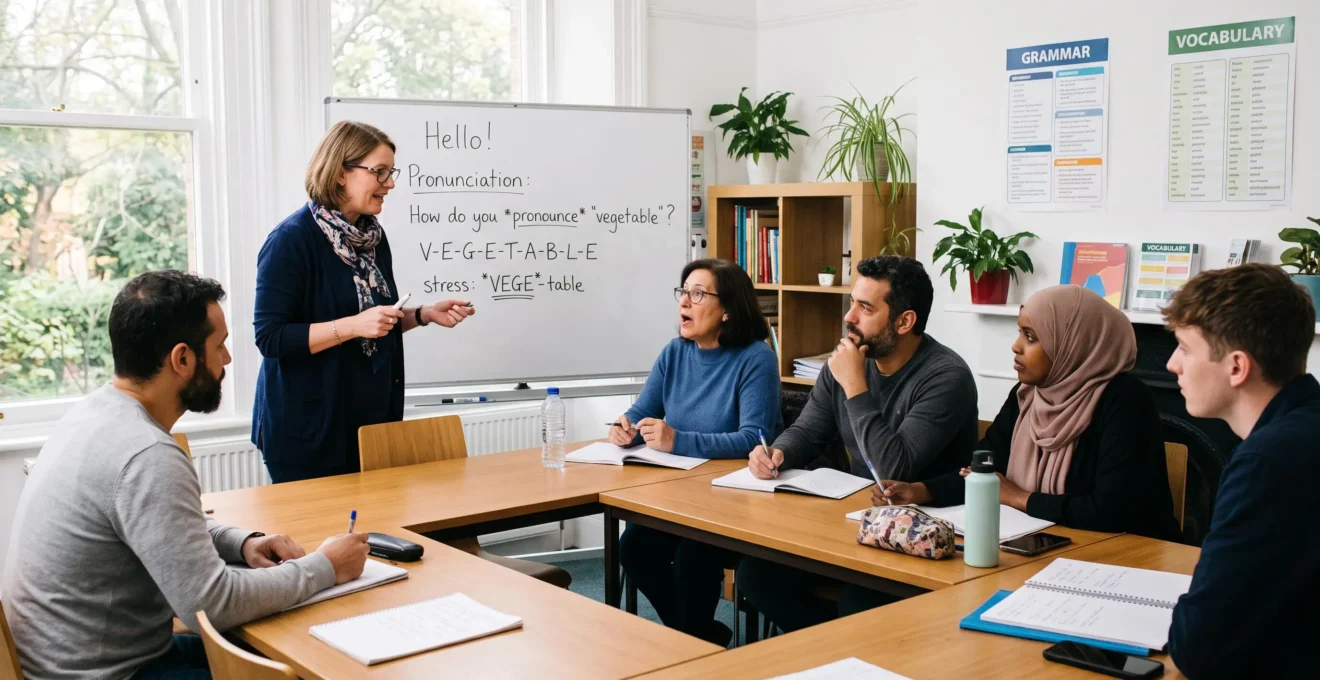Une enseignante explique une notion d'anglais à un petit groupe d'apprenants adultes dans une salle de classe lumineuse.