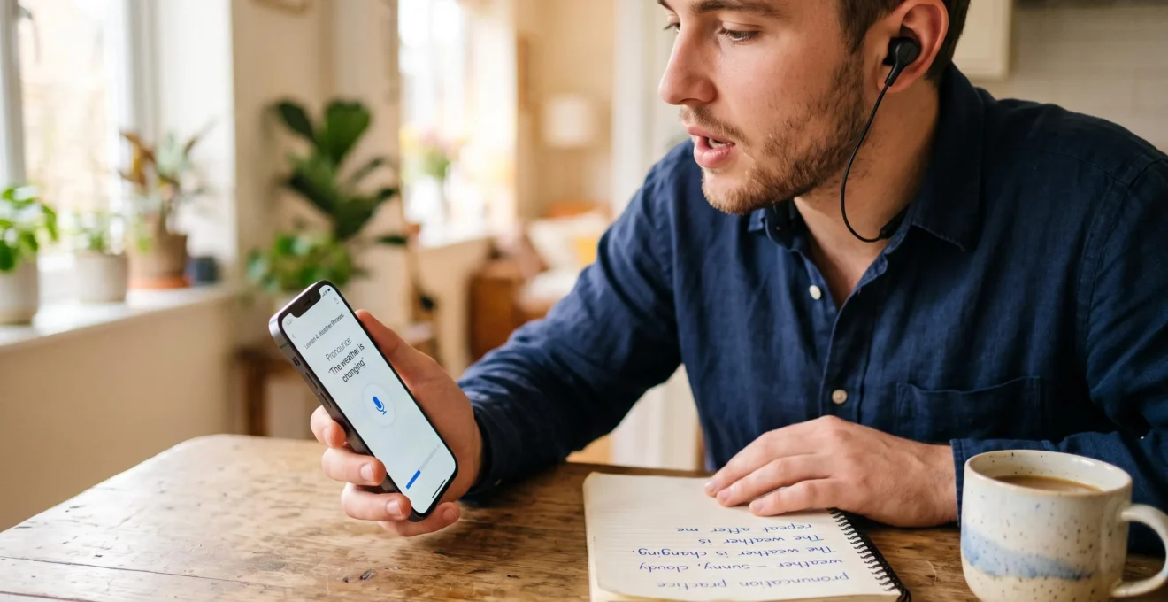 Un jeune homme pratique la prononciation anglaise sur son smartphone avec des écouteurs, des notes de vocabulaire posées à côté.
